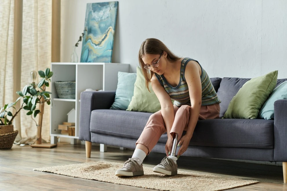 A disabled woman fixing her shoes